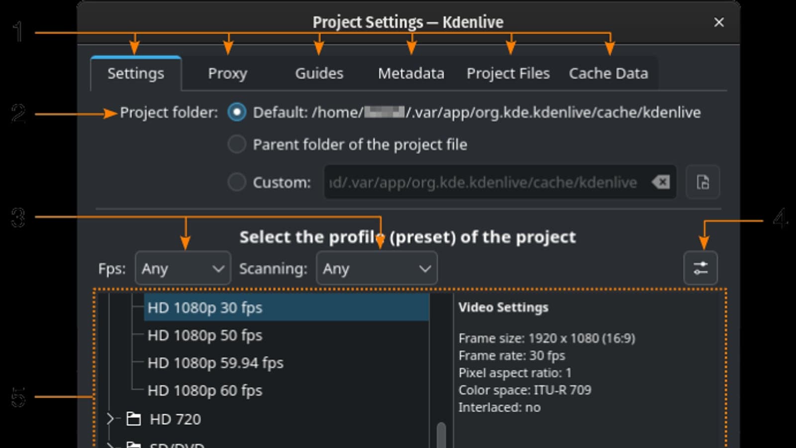 Фрагмент окна Kdenlive с профилем проекта 1920×1080 и частотой 30 fps